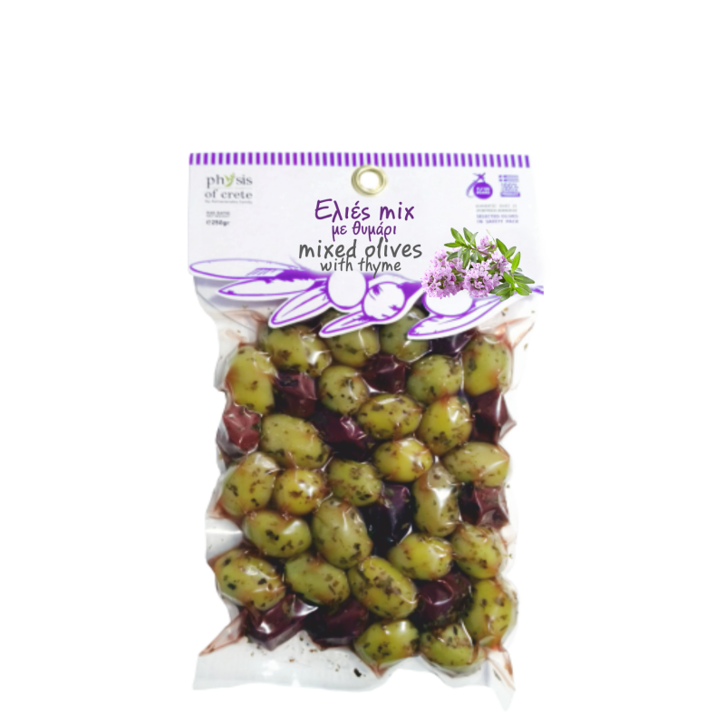 Green & kalamata's olives with thyme in  Vacuum pack